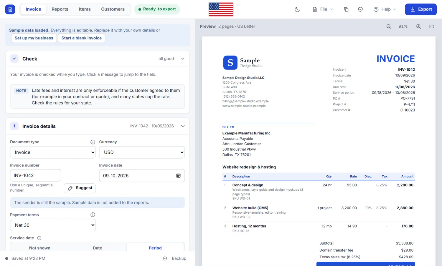 Invoice Studio: the form in sections on the left and the live preview of the invoice on the right