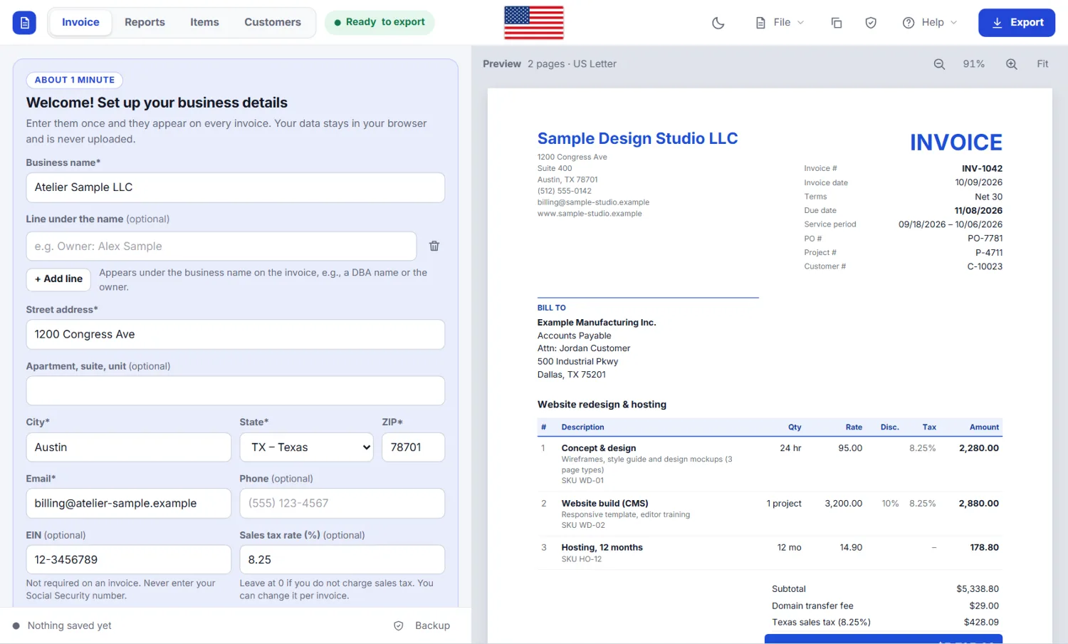 Welcome card at the top of the form with fields for business name, address, email, EIN, sales tax rate, payment terms and logo