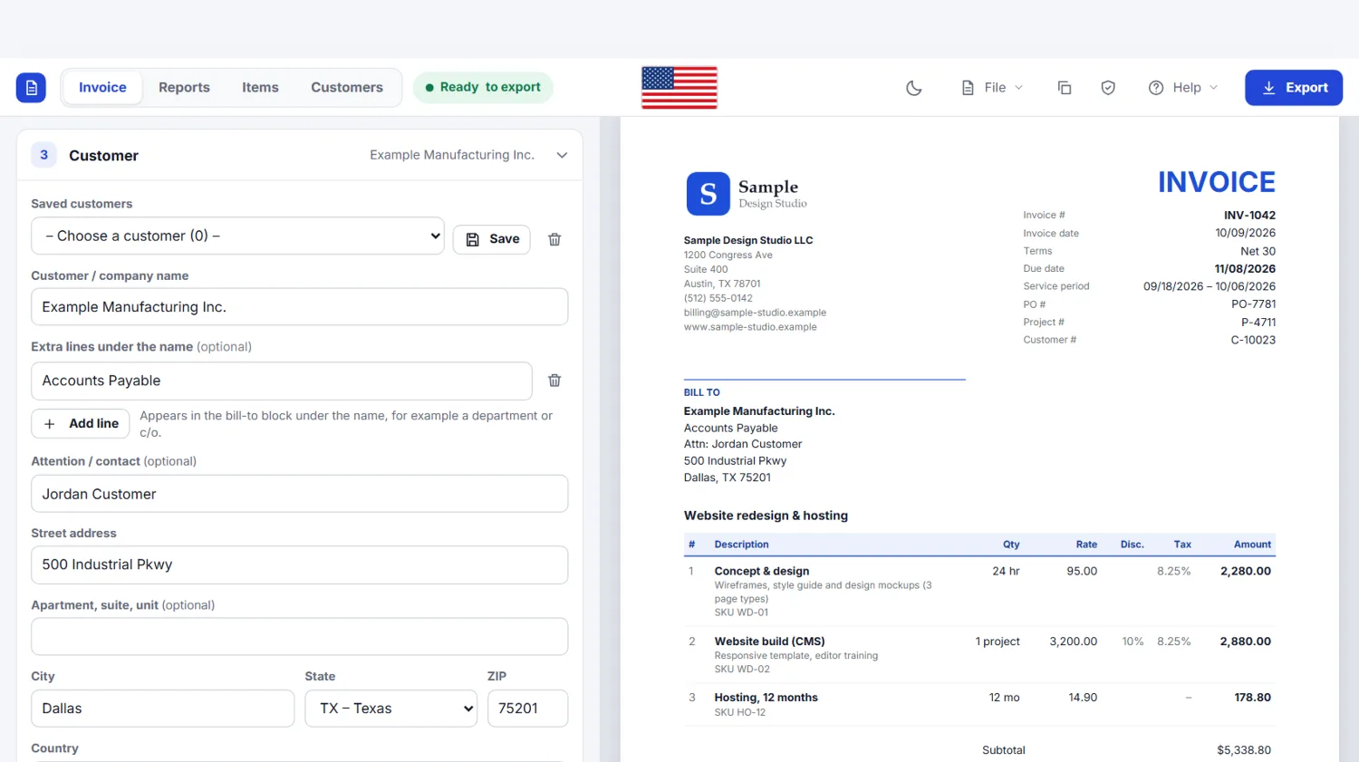 Customer section with bill-to name, address, PO number and an option for a different ship-to address