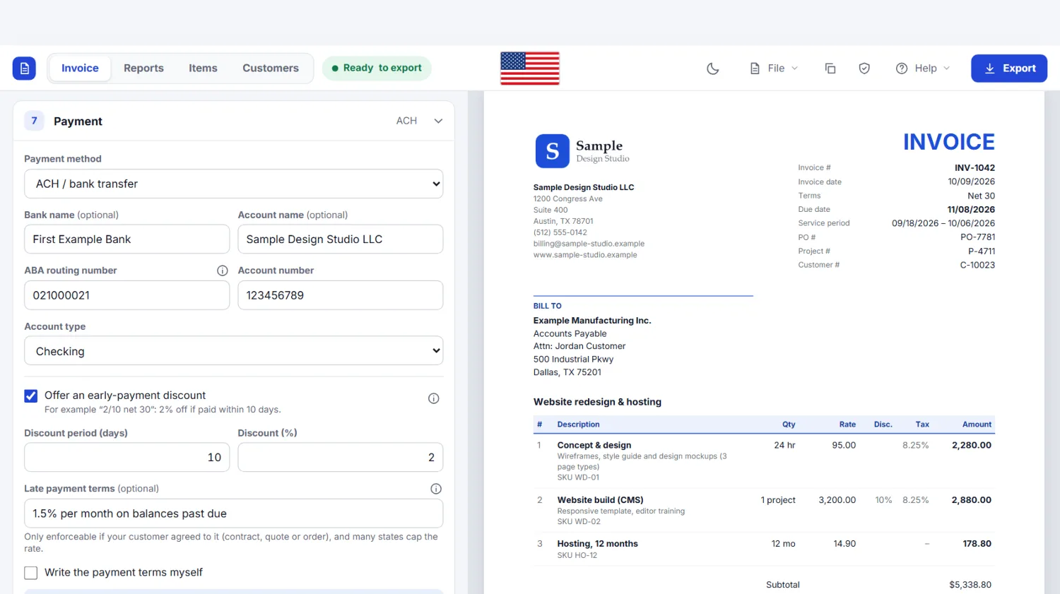 Payment section with payment method, ABA routing number, account number, early-payment discount and late payment terms
