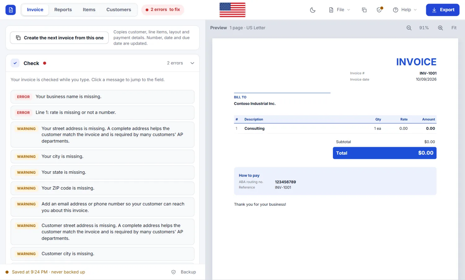 Check section listing errors and warnings; a click on a message jumps to the field