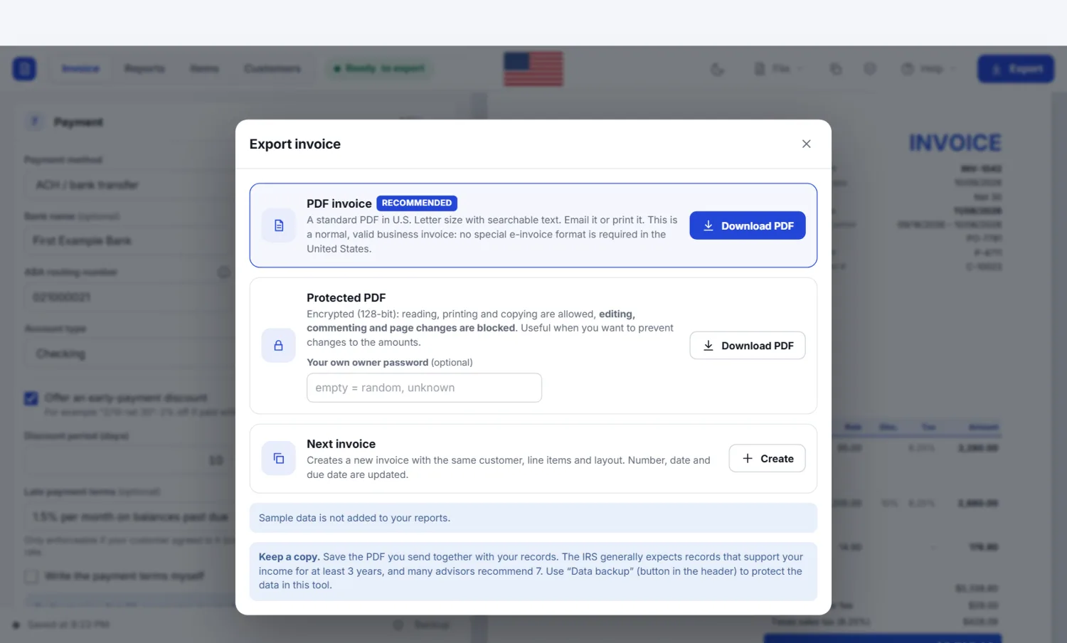Export dialog with the options PDF invoice, protected PDF and next invoice