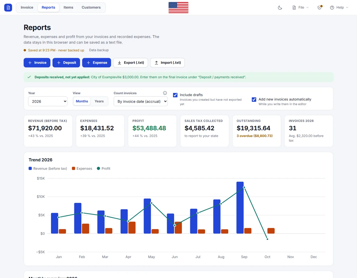 Reports with key figures, a chart of revenue, expenses and profit by month and a monthly table