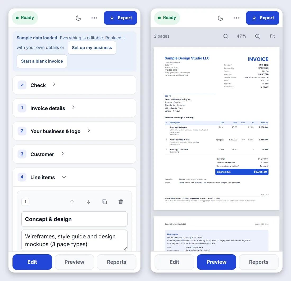 Invoice Studio on a smartphone: form with tab bar and preview of the invoice
